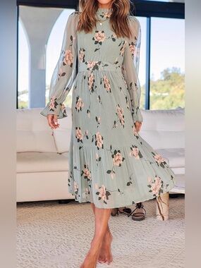 Floral Midi Dress in Sage Green Women's Chiffon Puff Long Sleeve Mock Neck Sz S
